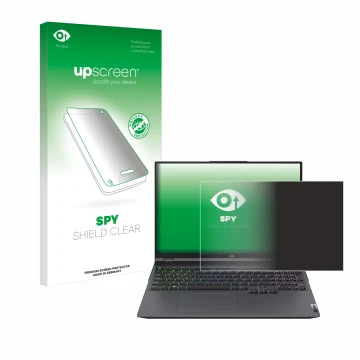 Vorderseite einer Produktverpackung mit dem Markenlogo upscreen. Daneben ist das Gerät Lenovo Legion 5 Pro mit dem zugehörigen