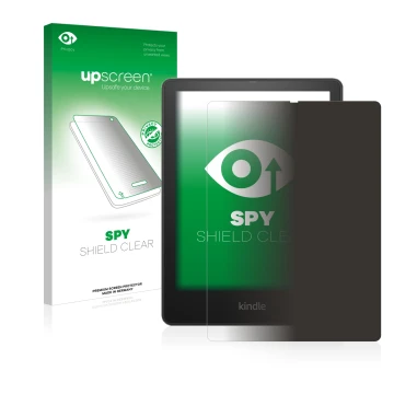 Vorderseite einer Produktverpackung mit dem Markenlogo upscreen. Daneben ist das Gerät Amazon Kindle Paperwhite 2021 Signature