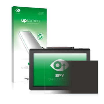 Vorderseite einer Produktverpackung mit dem Markenlogo upscreen. Daneben ist das Gerät Signotec Pen Display Delta (Touch) mit 