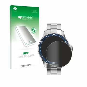 Vorderseite einer Produktverpackung mit dem Markenlogo upscreen. Daneben ist das Gerät Withings ScanWatch Horizon (43 mm) mit 