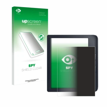 Vorderseite einer Produktverpackung mit dem Markenlogo upscreen. Daneben ist das Gerät Kobo Libra 2 mit dem zugehörigen Displa