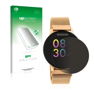 Vorderseite einer Produktverpackung mit dem Markenlogo upscreen. Daneben ist das Gerät Oozoo Q00117 mit dem zugehörigen Displa