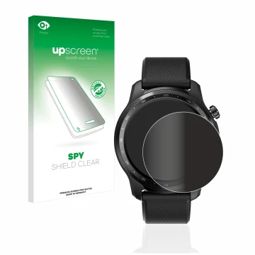 Vorderseite einer Produktverpackung mit dem Markenlogo upscreen. Daneben ist das Gerät Mobvoi Ticwatch Pro 3 Ultra GPS mit dem