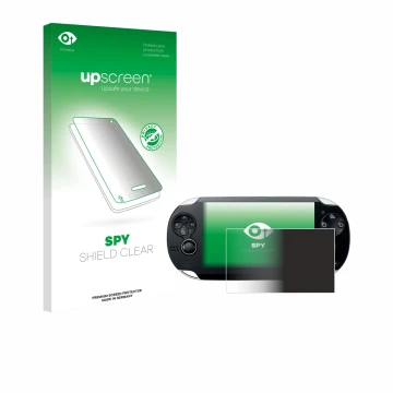 Vorderseite einer Produktverpackung mit dem Markenlogo upscreen. Daneben ist das Gerät Sony Playstation PS Vita mit dem zugehö