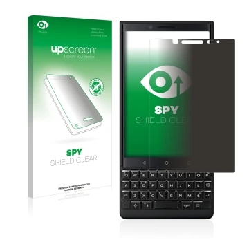 Vorderseite einer Produktverpackung mit dem Markenlogo upscreen. Daneben ist das Gerät BlackBerry Key2 (Dual Sim) mit dem zuge