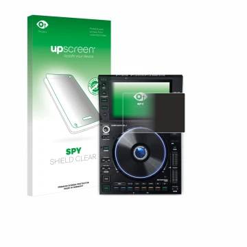 Vorderseite einer Produktverpackung mit dem Markenlogo upscreen. Daneben ist das Gerät Denon DJ SC6000 Prime mit dem zugehörig