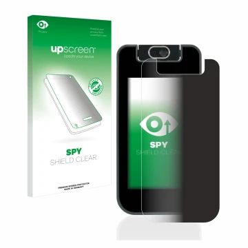 Vorderseite einer Produktverpackung mit dem Markenlogo upscreen. Daneben ist das Gerät Vtech Kidicom Advance 3.0 mit dem zugeh