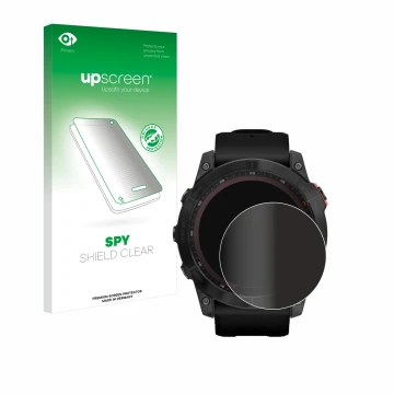 Vorderseite einer Produktverpackung mit dem Markenlogo upscreen. Daneben ist das Gerät Garmin Fenix 7X (51 mm) mit dem zugehör