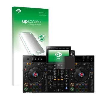 Vorderseite einer Produktverpackung mit dem Markenlogo upscreen. Daneben ist das Gerät Pioneer XDJ-RX3 mit dem zugehörigen Dis