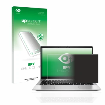 Vorderseite einer Produktverpackung mit dem Markenlogo upscreen. Daneben ist das Gerät HP EliteBook 830 G8 mit dem zugehörigen