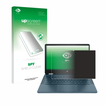 Vorderseite einer Produktverpackung mit dem Markenlogo upscreen. Daneben ist das Gerät HP Chromebook x360 (14b-cbX) mit dem zu