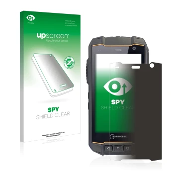 Vorderseite einer Produktverpackung mit dem Markenlogo upscreen. Daneben ist das Gerät i.safe MOBILE IS530.2 mit dem zugehörig