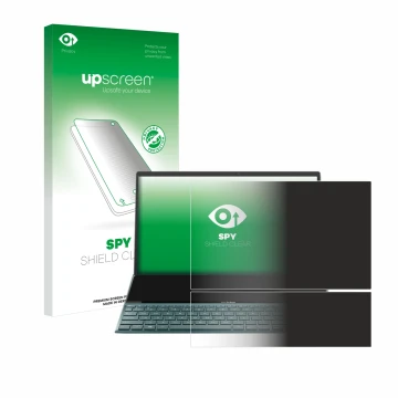 Vorderseite einer Produktverpackung mit dem Markenlogo upscreen. Daneben ist das Gerät ASUS ZenBook Duo 14 UX482 mit dem zugeh