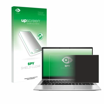 Vorderseite einer Produktverpackung mit dem Markenlogo upscreen. Daneben ist das Gerät HP EliteBook 845 G8 mit dem zugehörigen