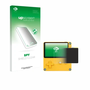 Vorderseite einer Produktverpackung mit dem Markenlogo upscreen. Daneben ist das Gerät Panic Playdate mit dem zugehörigen Disp