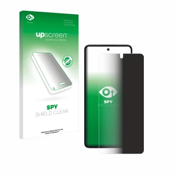 Vorderseite einer Produktverpackung mit dem Markenlogo upscreen. Daneben ist das Gerät Motorola Edge 30 mit dem zugehörigen Di