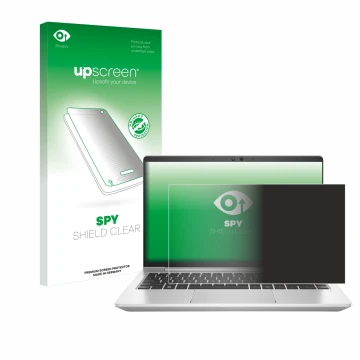 Vorderseite einer Produktverpackung mit dem Markenlogo upscreen. Daneben ist das Gerät HP EliteBook 645 G9 mit dem zugehörigen