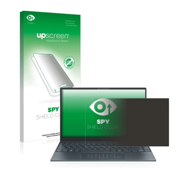 Vorderseite einer Produktverpackung mit dem Markenlogo upscreen. Daneben ist das Gerät ASUS ZenBook 13 OLED mit dem zugehörige
