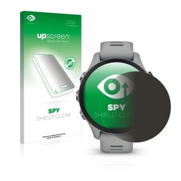 Vorderseite einer Produktverpackung mit dem Markenlogo upscreen. Daneben ist das Gerät Garmin Forerunner 255S Music mit dem zu