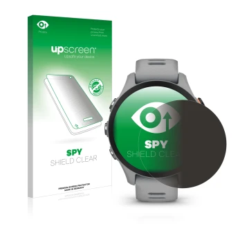 Vorderseite einer Produktverpackung mit dem Markenlogo upscreen. Daneben ist das Gerät Garmin Forerunner 255S mit dem zugehöri