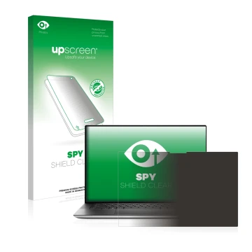 Vorderseite einer Produktverpackung mit dem Markenlogo upscreen. Daneben ist das Gerät Dell XPS 15 9510 Touch mit dem zugehöri
