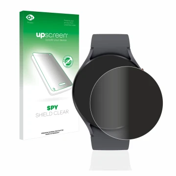 Vorderseite einer Produktverpackung mit dem Markenlogo upscreen. Daneben ist das Gerät Samsung Galaxy Watch 5 (44mm) mit dem z