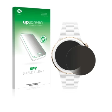 Vorderseite einer Produktverpackung mit dem Markenlogo upscreen. Daneben ist das Gerät Huawei Watch GT 3 Pro Ceramic (43mm) mi