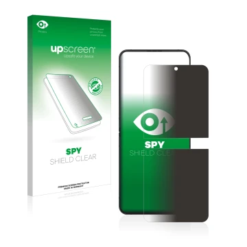 Vorderseite einer Produktverpackung mit dem Markenlogo upscreen. Daneben ist das Gerät Samsung Galaxy Z Flip 4 mit dem zugehör