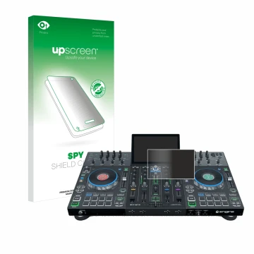 Vorderseite einer Produktverpackung mit dem Markenlogo upscreen. Daneben ist das Gerät Denon DJ Prime 4 mit dem zugehörigen Di