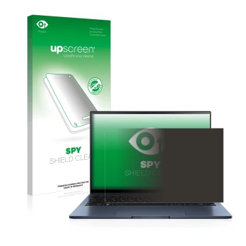 Vorderseite einer Produktverpackung mit dem Markenlogo upscreen. Daneben ist das Gerät ASUS ZenBook S13 OLED mit dem zugehörig
