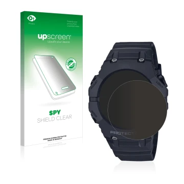 Vorderseite einer Produktverpackung mit dem Markenlogo upscreen. Daneben ist das Gerät Casio G-Shock GA-B001 mit dem zugehörig