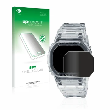 Vorderseite einer Produktverpackung mit dem Markenlogo upscreen. Daneben ist das Gerät Casio G-Shock DW-5600SKE-7 mit dem zuge