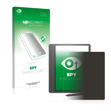 Vorderseite einer Produktverpackung mit dem Markenlogo upscreen. Daneben ist das Gerät Amazon Kindle Scribe mit dem zugehörige