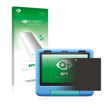 Vorderseite einer Produktverpackung mit dem Markenlogo upscreen. Daneben ist das Gerät Amazon Fire HD 8 Kids 2022 mit dem zuge