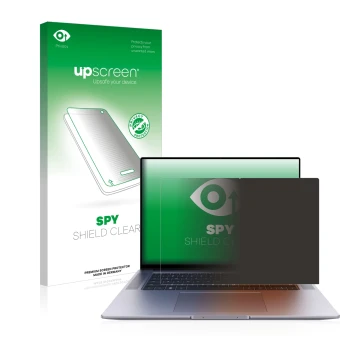 Vorderseite einer Produktverpackung mit dem Markenlogo upscreen. Daneben ist das Gerät Huawei MateBook 16s mit dem zugehörigen