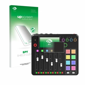 Vorderseite einer Produktverpackung mit dem Markenlogo upscreen. Daneben ist das Gerät Rode Rodecaster Pro II mit dem zugehöri