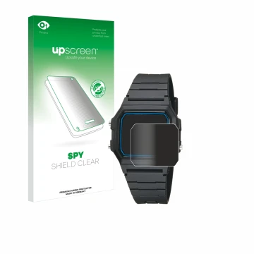 Vorderseite einer Produktverpackung mit dem Markenlogo upscreen. Daneben ist das Gerät Casio F-105W-1AWYEF mit dem zugehörigen