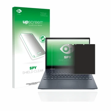 Vorderseite einer Produktverpackung mit dem Markenlogo upscreen. Daneben ist das Gerät HP Envy x360 13-bfxxx mit dem zugehörig