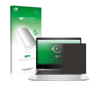 Vorderseite einer Produktverpackung mit dem Markenlogo upscreen. Daneben ist das Gerät HP ProBook x360 435 G9 mit dem zugehöri