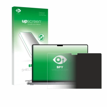 Vorderseite einer Produktverpackung mit dem Markenlogo upscreen. Daneben ist das Gerät Apple MacBook Pro 16
