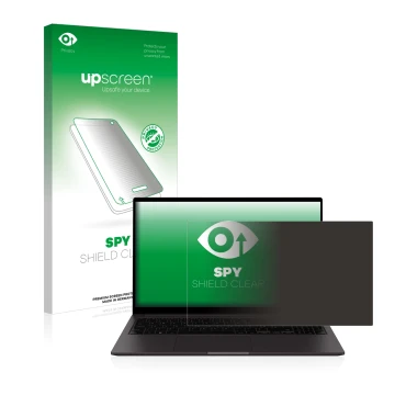 Vorderseite einer Produktverpackung mit dem Markenlogo upscreen. Daneben ist das Gerät Samsung Galaxy Book2 15.6