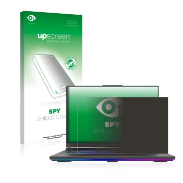 Vorderseite einer Produktverpackung mit dem Markenlogo upscreen. Daneben ist das Gerät ASUS ROG Strix G18 G814 2023 mit dem zu