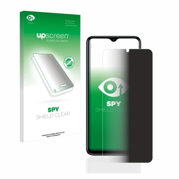 Vorderseite einer Produktverpackung mit dem Markenlogo upscreen. Daneben ist das Gerät Tecno Spark Go 2023 mit dem zugehörigen