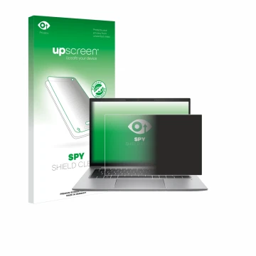 Vorderseite einer Produktverpackung mit dem Markenlogo upscreen. Daneben ist das Gerät HP Zbook Firefly 14 G9 mit dem zugehöri