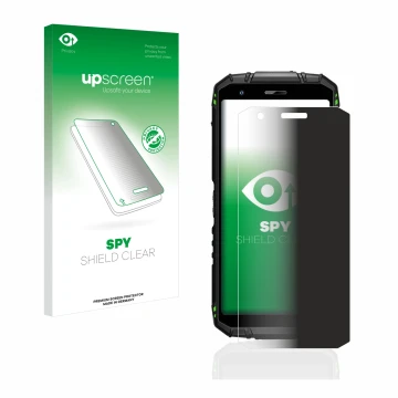 Vorderseite einer Produktverpackung mit dem Markenlogo upscreen. Daneben ist das Gerät Doogee S41 Pro mit dem zugehörigen Disp