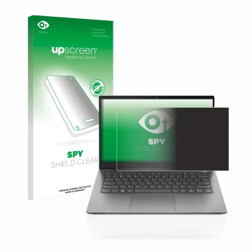 Vorderseite einer Produktverpackung mit dem Markenlogo upscreen. Daneben ist das Gerät Lenovo ThinkBook 14 Gen 4 mit dem zugeh