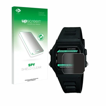 Vorderseite einer Produktverpackung mit dem Markenlogo upscreen. Daneben ist das Gerät Casio W-86-1VQES mit dem zugehörigen Di