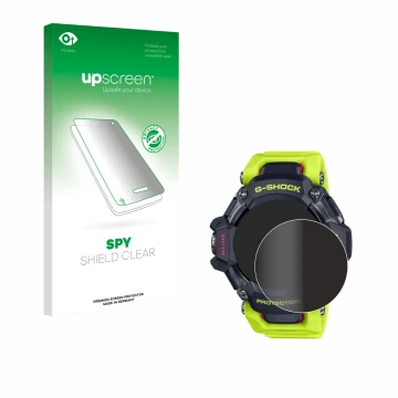 Vorderseite einer Produktverpackung mit dem Markenlogo upscreen. Daneben ist das Gerät Casio G-Shock GBD-H2000 mit dem zugehör