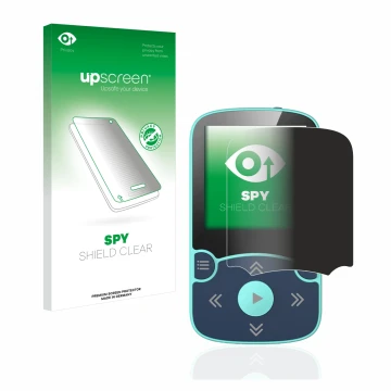 Vorderseite einer Produktverpackung mit dem Markenlogo upscreen. Daneben ist das Gerät AGPtek A65X MP3 Player with clip mit de