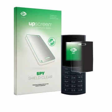 Vorderseite einer Produktverpackung mit dem Markenlogo upscreen. Daneben ist das Gerät Nokia 110 4G (2023) mit dem zugehörigen